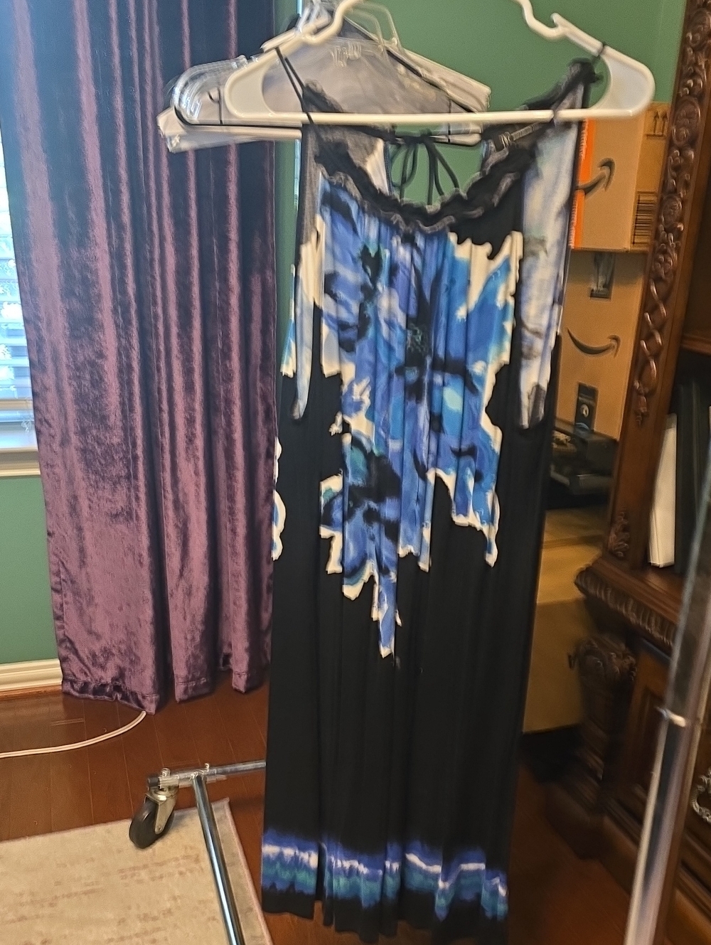 INC International Concepts Black Maxi Dress with Blue & White Print